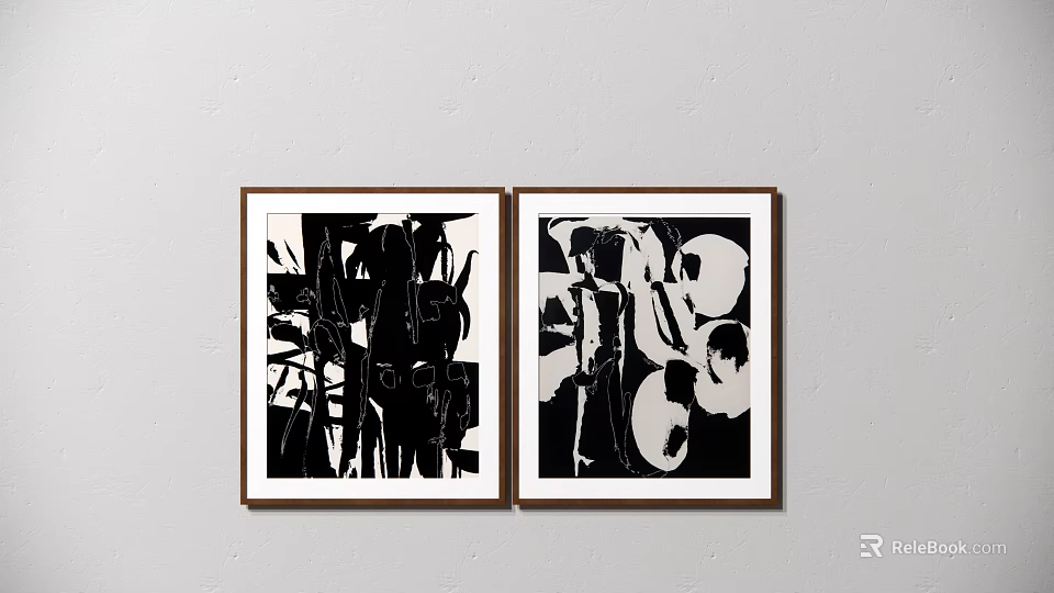 Two Black And White Abstract Artworks In Brown Frames For Wall Decor 3d model
