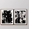 Two Black And White Abstract Artworks In Brown Frames For Wall Decor 3d model