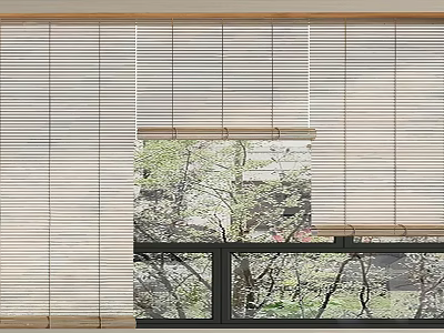 Venetian Blinds on Window Filtering Natural Light with Outdoor Tree View 3d model