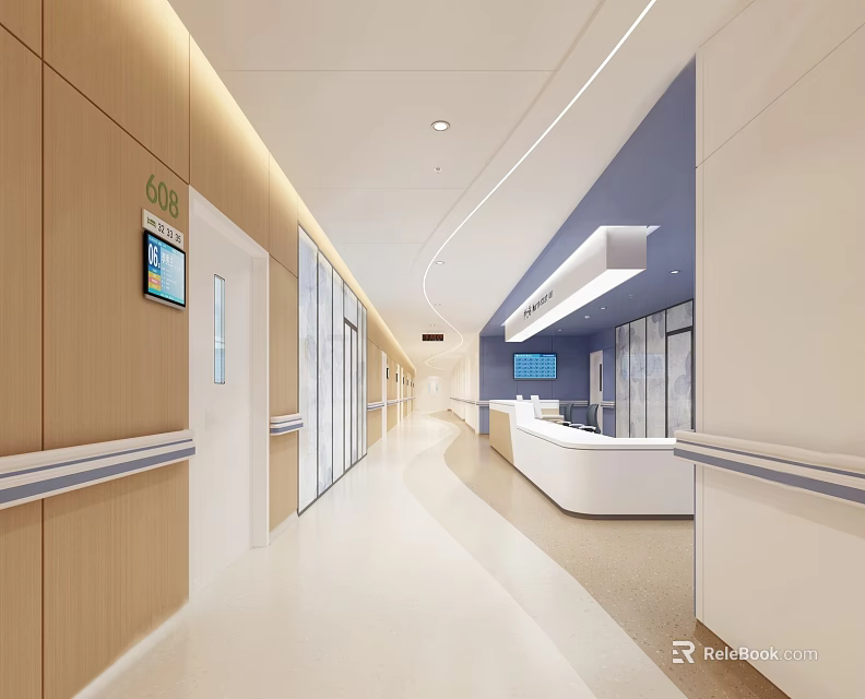 Modern Hospital Outpatient Clinic Corridor Interior Design With Nurse Station 3d model 