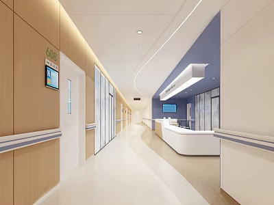 Modern Hospital Outpatient Clinic Corridor Interior Design With Nurse Station 3d model