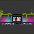Modern Building Exterior With Neon Lights Green Roof Large Display And Colorful Facade
