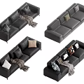 Modern Black Sectional Sofa with Decorative Throw Pillows and Cozy Blankets 3d model