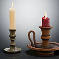 Two Decorative Candle Holders With White And Red Candles Metal Clay Bases Handle Tray