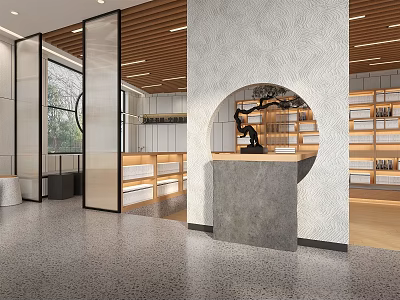Modern Book Art Library Interior With Wooden Ceiling Arc Windows Bookshelves And Reception Desk 3d model