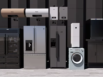 Modern Kitchen Appliances Including Refrigerators Washing Machine And Stylish Hisense Models 3d model