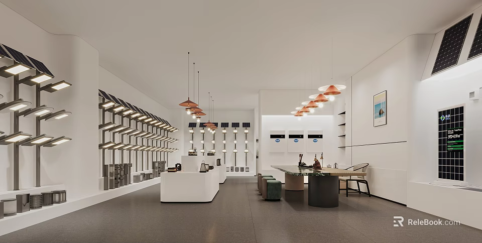 Modern Specialty Store Interior With Display Shelves Hanging Lamps Counter Tables Chairs And Decorative Paintings 3d model 