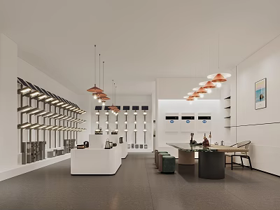 Modern Specialty Store Interior With Display Shelves Hanging Lamps Counter Tables Chairs And Decorative Paintings 3d model