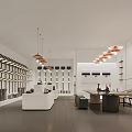 Modern Specialty Store Interior With Display Shelves Hanging Lamps Counter Tables Chairs And Decorative Paintings