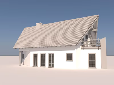 White Detached Villa With Gray Tiled Roof Chimney And Balcony Railing 3d model