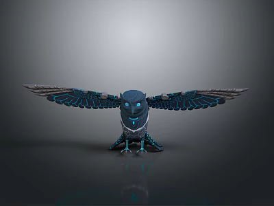 Mythical Blue Owl With Spread Glowing Wings And Shiny Metallic Accents 3d model