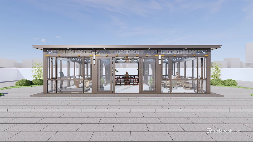 Modern Pavilion With Glass Facade Interior Seating Greenery And Stone Pavement 3d model 
