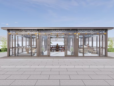 Modern Pavilion With Glass Facade Interior Seating Greenery And Stone Pavement 3d model