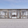 Modern Pavilion With Glass Facade Interior Seating Greenery And Stone Pavement