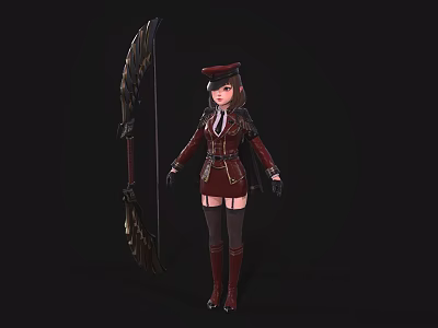 Detailed Game Anime Character in Red Military Uniform with Large Bow and Knee High Boots 3d model