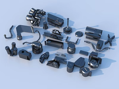 Various Assorted Black Mechanical Parts And Metal Components On Blue Background 3d model