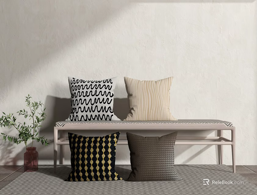 Modern Decorative Pillows With Text Striped Diamond And Checkered Patterns On Bench 3d model