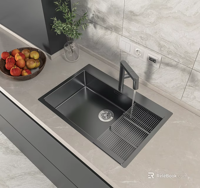 Modern Black Single Bowl Kitchen Sink With Faucet And Drainer Rack On Countertop 3d model 