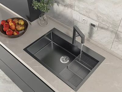 Modern Black Single Bowl Kitchen Sink With Faucet And Drainer Rack On Countertop 3d model