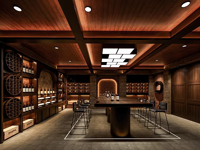 Elegant Modern Wine Cellar Interior With Wooden Racks Bar Counter And Stools 3d model