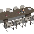 Modern Long Wooden Conference Table With Chairs Laptop Books And Office Supplies