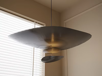 Modern Black Layered Disc Chandelier Ceiling Mounted in Room with Light Wall and Window Blinds 3d model