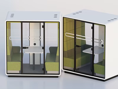 Modern Public Chair Enclosed Booth With Glass Doors White Exterior Green Seats And Small Table 3d model