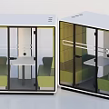 Modern Public Chair Enclosed Booth With Glass Doors White Exterior Green Seats And Small Table