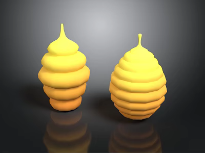 Two Yellow Spiral Stacked Sculptures With Reflective Bases On Dark Surface 3d model