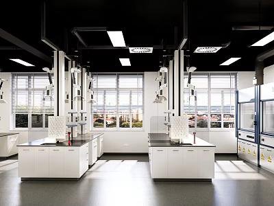 Modern Laboratory Interior Design With White Lab Benches And Large Windows 3d model