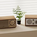Vintage Wooden Radios With Analog Dials And Green Plant On Windowsill