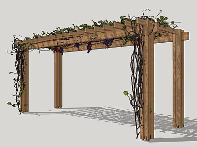 Outdoor Wooden Pergola Structure With Climbing Vines Grapes And Green Leaves 3d model