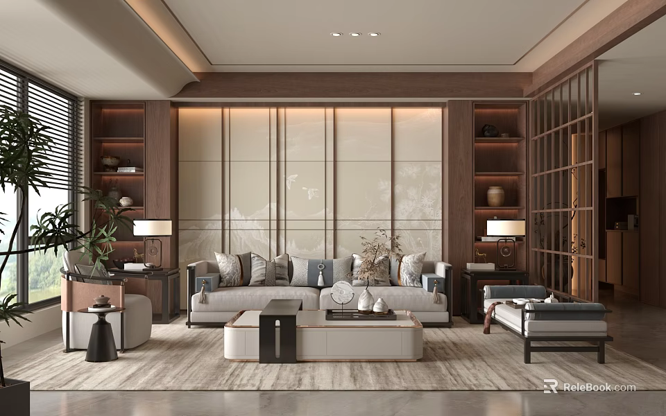 Modern Living Room Interior Design With Beige Sofa Coffee Table Wooden Bookshelves And Accent Wall 3d model 