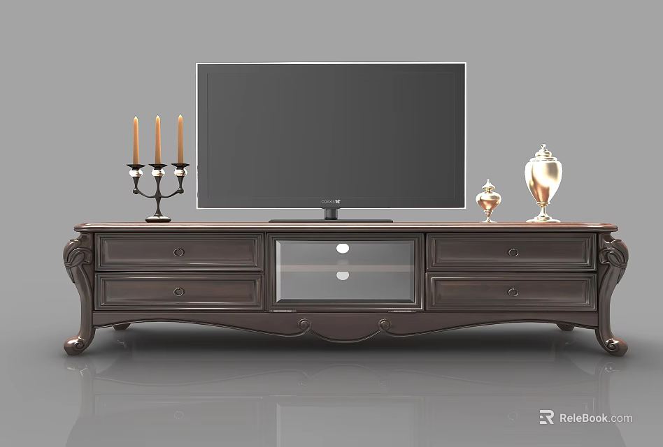 Elegant Carved TV Stand with Flat Screen TV Decorative Ornaments Drawers and Glass Door Storage 3d model 