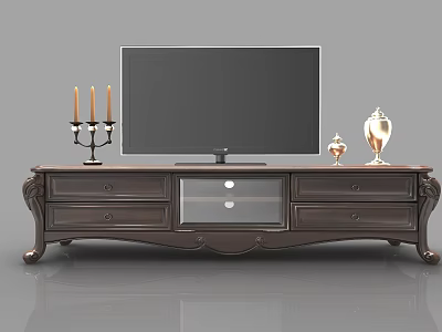 Elegant Carved TV Stand with Flat Screen TV Decorative Ornaments Drawers and Glass Door Storage 3d model