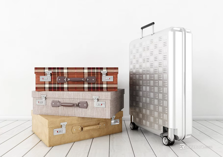Suitcases Stacked And Standing With Various Colors Materials Brown Plaid Beige Khaki Modern Silver Wheels 3d model 