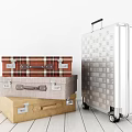 Suitcases Stacked And Standing With Various Colors Materials Brown Plaid Beige Khaki Modern Silver Wheels