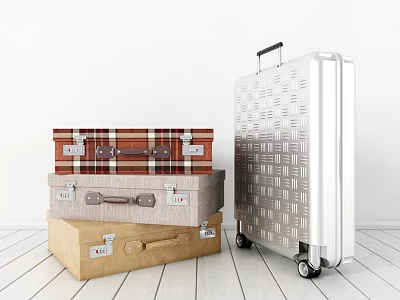 Suitcases Stacked And Standing With Various Colors Materials Brown Plaid Beige Khaki Modern Silver Wheels 3d model
