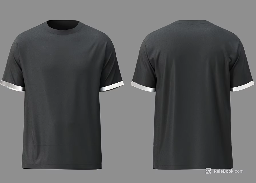 Black Short Sleeve T-shirt Featuring White Trim Front And Back View Design 3d model 