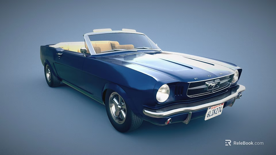 Vintage Blue Convertible Car With White Soft Top And Beige Seats 3d model 