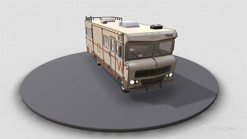 Beige Brown Camper Van with Roof Rack Side Windows on Circular Platform 3d model 