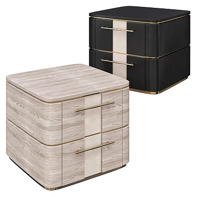 Modern Bedside Tables Light Wood Grain And Black Finish With Drawers And Metal Handles Design 3d model