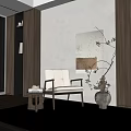 Neutral Tone Accent Chair With Small Side Table Wall Art Branch Vase In Minimalist Interior