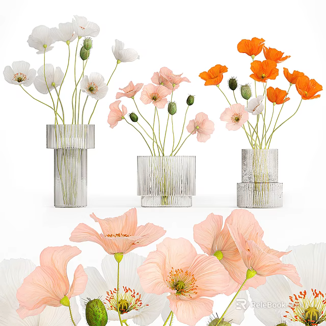 Silver Square Stacked Vases with White Pink Orange Flowers and Foreground Pink Poppies 3d model 