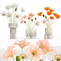 Silver Square Stacked Vases with White Pink Orange Flowers and Foreground Pink Poppies
