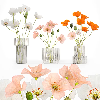 Silver Square Stacked Vases with White Pink Orange Flowers and Foreground Pink Poppies 3d model