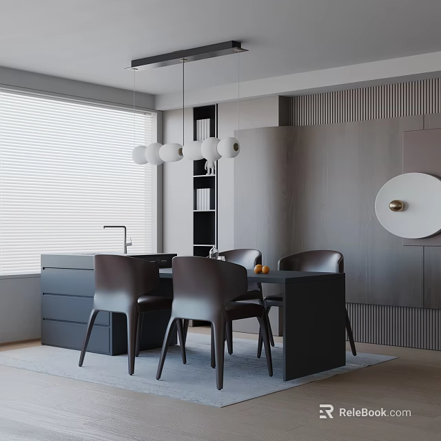 Modern Dining Table Set With Leather Chairs Pendant Lights And Wall Paneling 3d model 
