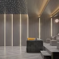 Modern Home Theater Room With Starry Ceiling Gray Sofa Armchairs And Ambient Lighting