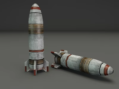 Two Silver Gray Rocket Projectiles With Red And Gold Stripes And Tail Fins 3d model