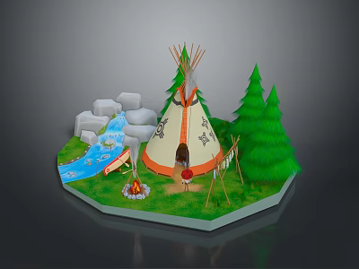 Cozy Tepee Camping Furniture With Green Trees Stream And Campfire 3d model